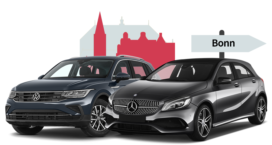 Ein VW und ein Mercedes mit einer Bonn Skyline Silhouette