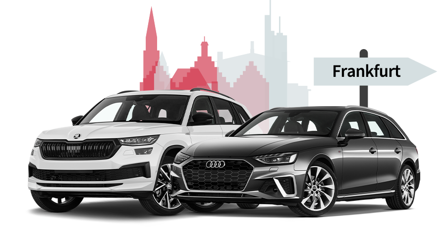 Ein Skoda und ein Audi mit einer Frankfurt Skyline Silhouette