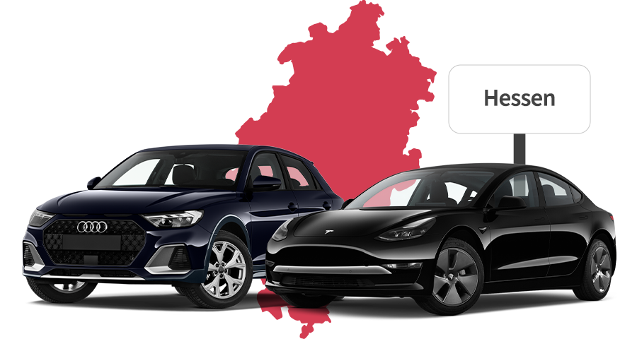 Ein Audi und ein Tesla mit Hessen Hintergrund