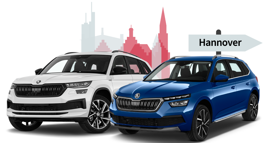Ein Skoda und ein Skoda mit einer Hannover Skyline Silhouette