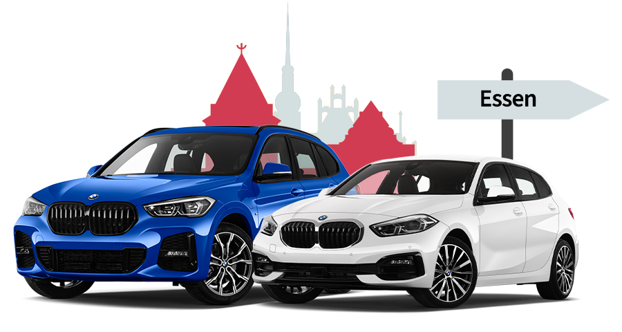 Ein BMW und ein BMW mit einer Essen Skyline Silhouette