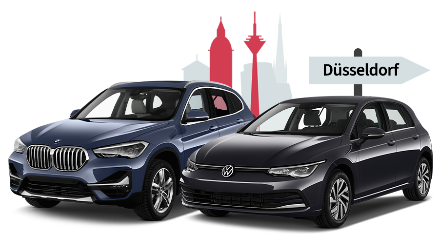 Ein BMW und ein VW mit einer Düsseldorf Skyline Silhouette