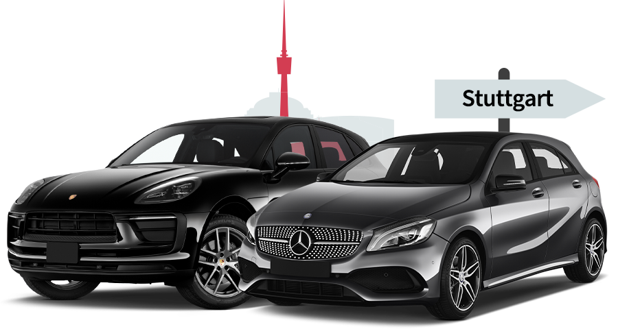 Ein Porsche und ein Mercedes mit einer Stuttgart Skyline Silhouette