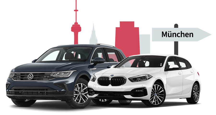 Leasing Auto von Volkswagen mit Stadt München Silhouette