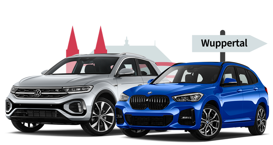 Ein VW und ein BMW mit einer Wuppertal Skyline Silhouette