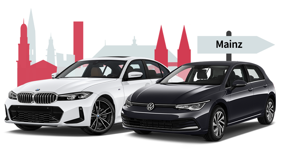 Ein BMW und ein VW mit einer Mainz Skyline Silhouette