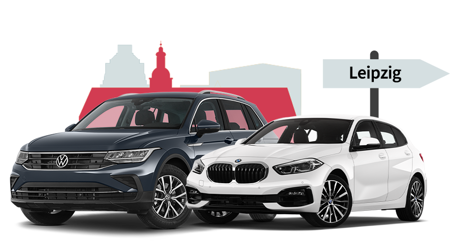 Ein VW und ein BMW mit einer Leipzig Skyline Silhouette