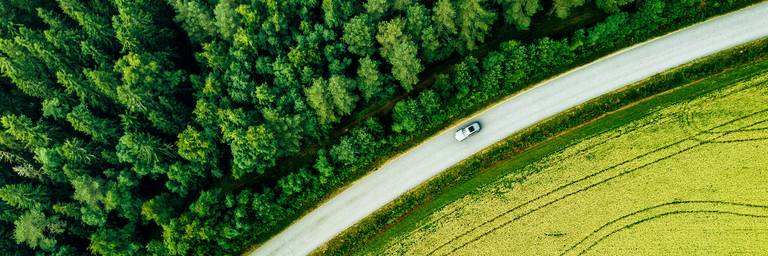 auto zwischen wiese und wald