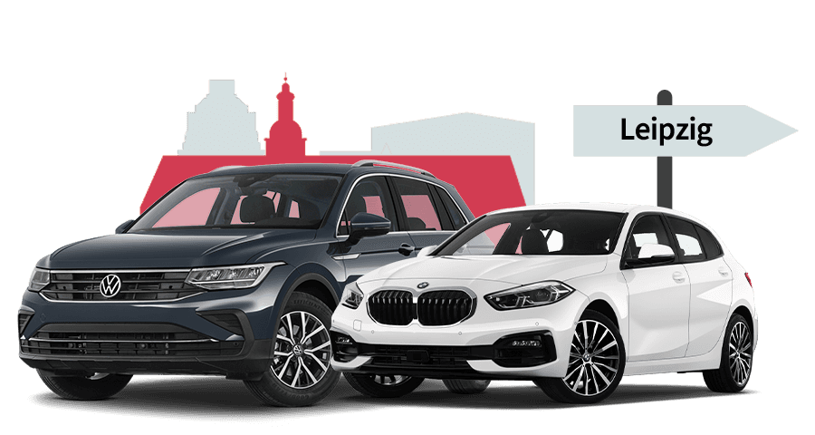 Ein VW und ein BMW mit einer Leipzig Skyline Silhouette