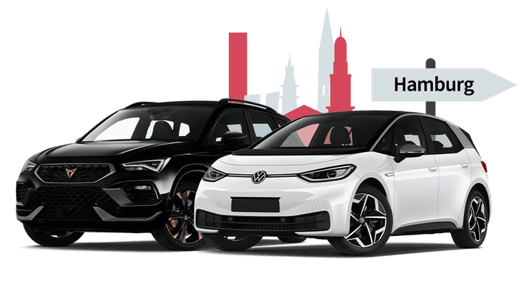 Ein Cupra und ein VW mit einer Hamburg Skyline Silhouette