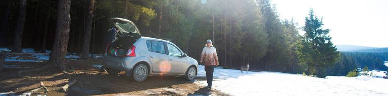kleines auto mit allrad im wald