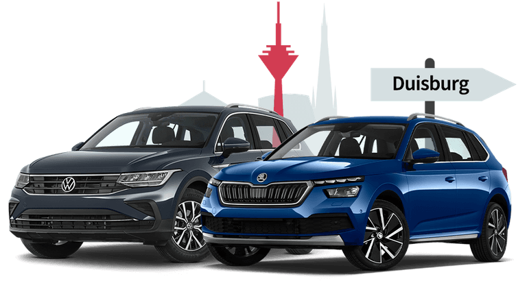 Ein VW und ein Skoda mit einer Duisburg Skyline Silhouette