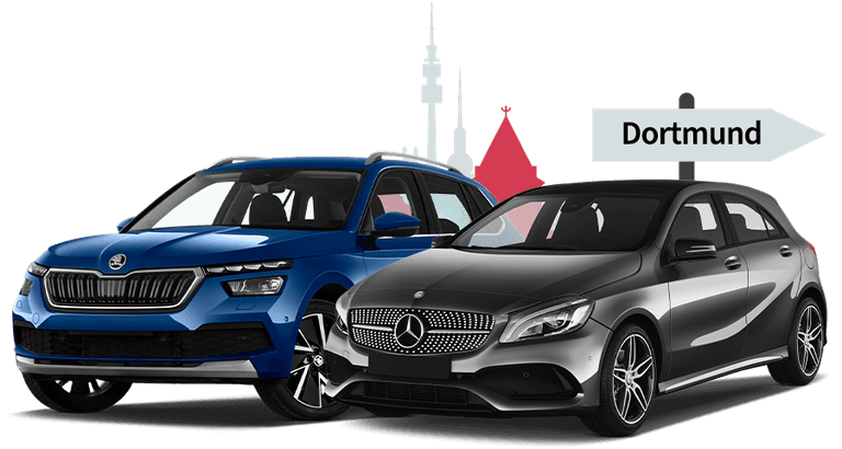 Ein Skoda und ein Mercedes mit einer Dortmund Skyline Silhouette