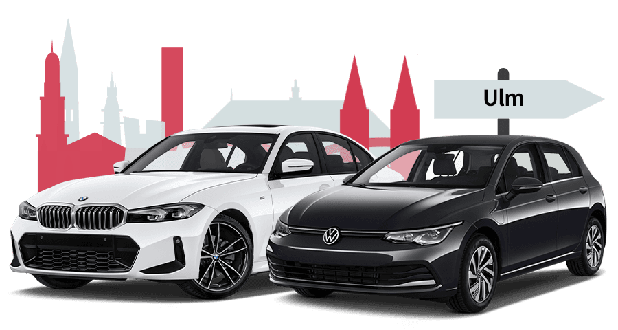 Ein BMW und ein VW mit einer Ulm Skyline Silhouette