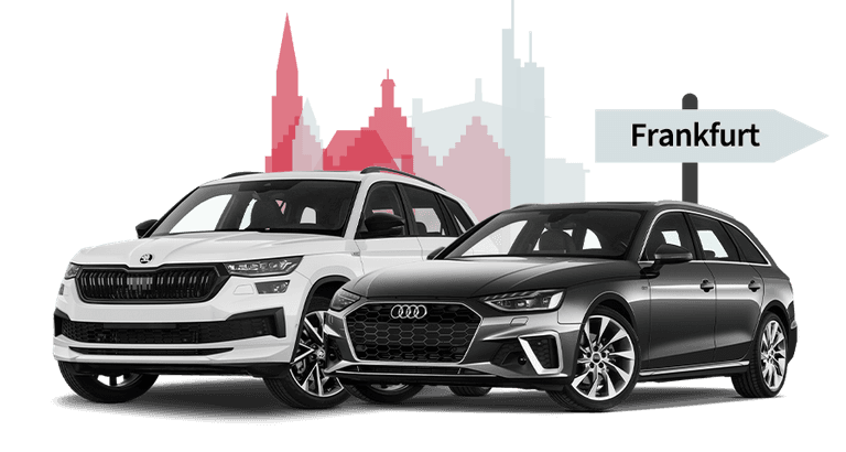 Ein Skoda und ein Audi mit einer Frankfurt Skyline Silhouette
