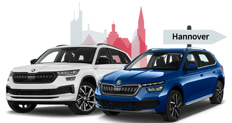 Ein Skoda und ein Skoda mit einer Hannover Skyline Silhouette Ein Skoda und ein Skoda mit einer Hannover Skyline Silhouette