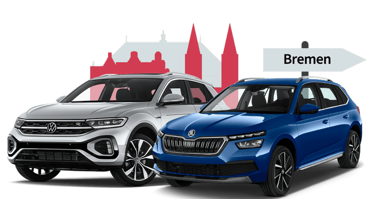 Ein VW und ein Skoda mit einer Bremen Skyline Silhouette Ein VW und ein Skoda mit einer Bremen Skyline Silhouette