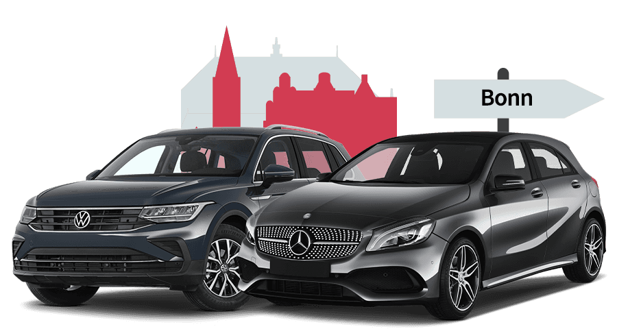 Ein VW und ein Mercedes mit einer Bonn Skyline Silhouette