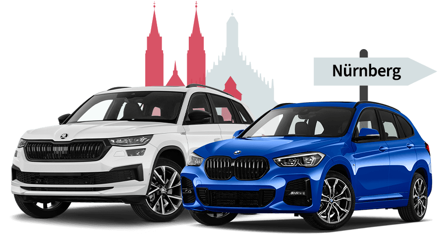 Ein Skoda und ein BMW mit einer Nürnberg Skyline Silhouette Ein Skoda und ein BMW mit einer Nürnberg Skyline Silhouette