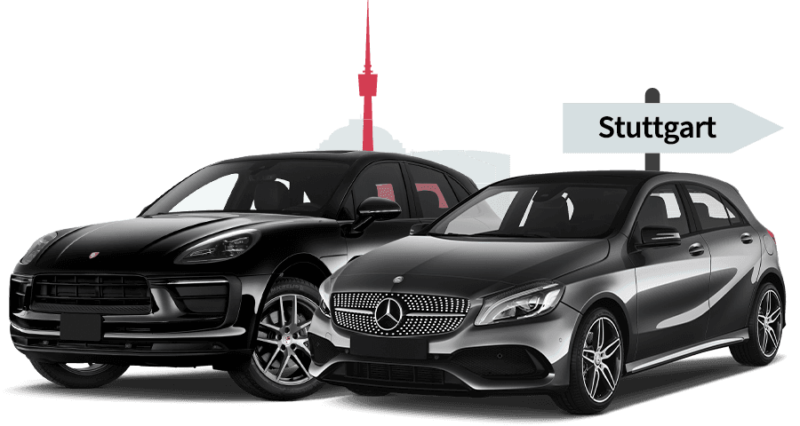 Ein Porsche und ein Mercedes mit einer Stuttgart Skyline Silhouette