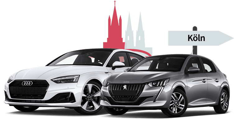 Ein Audi und ein Renault mit einer Köln Skyline Silhouette