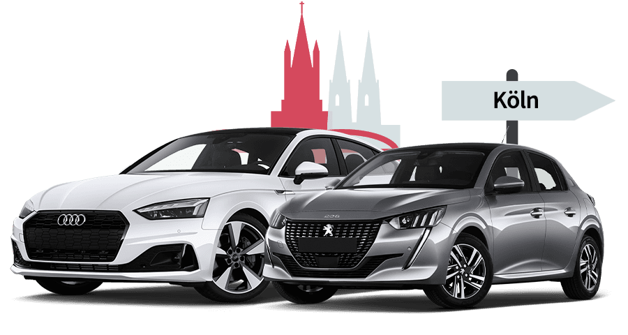 Ein Audi und ein Renault mit einer Köln Skyline Silhouette