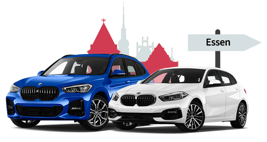 Ein BMW und ein BMW mit einer Essen Skyline Silhouette Ein BMW und ein BMW mit einer Essen Skyline Silhouette