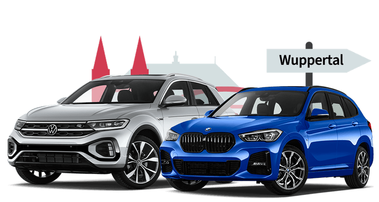 Ein VW und ein BMW mit einer Wuppertal Skyline Silhouette