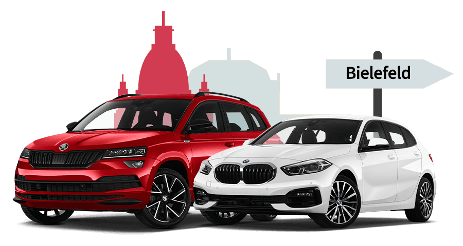 Ein Skoda und ein BMW mit einer Bielefeld Skyline Silhouette