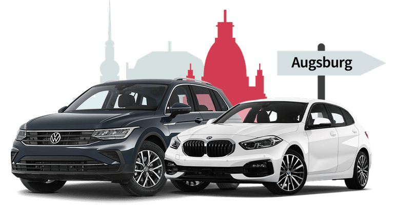 Ein VW und ein BMW mit einer Augsburg Skyline Silhouette