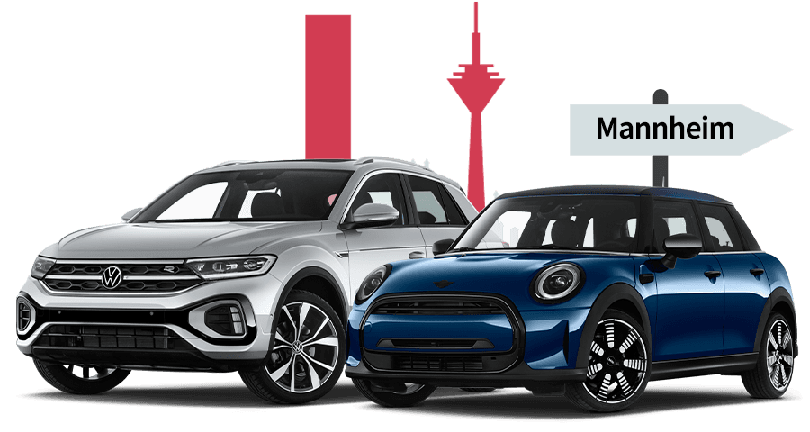 Ein VW und ein MINI mit einer Mannheim Skyline Silhouette