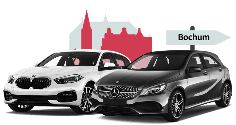 Ein BMW und ein Mercedes mit einer Bochum Skyline Silhouette