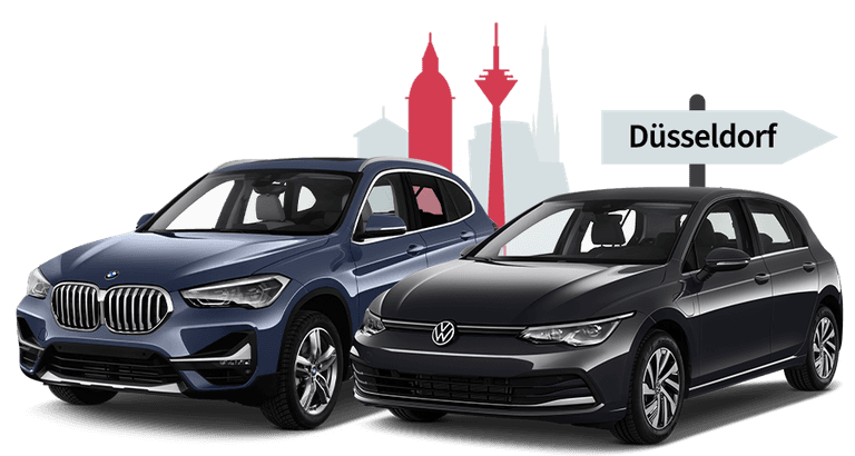 Ein BMW und ein VW mit einer Düsseldorf Skyline Silhouette