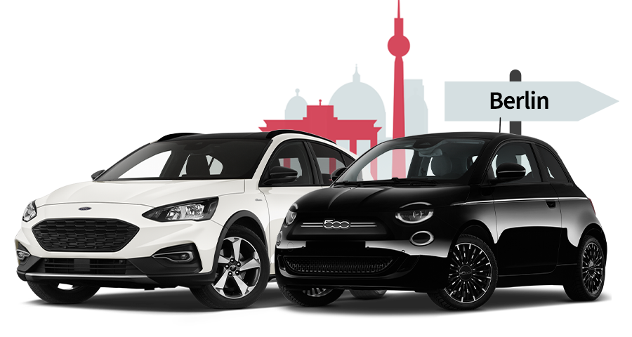 Ein Ford und ein Fiat mit einer Berlin Skyline Silhouette