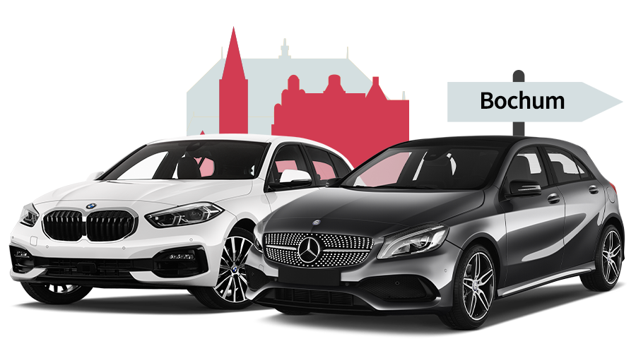 Ein BMW und ein Mercedes mit einer Bochum Skyline Silhouette