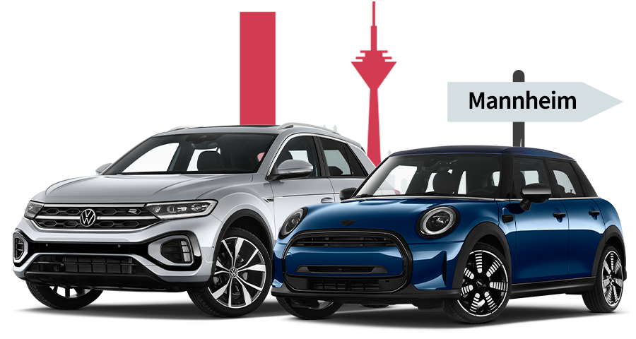Ein VW und ein MINI mit einer Mannheim Skyline Silhouette