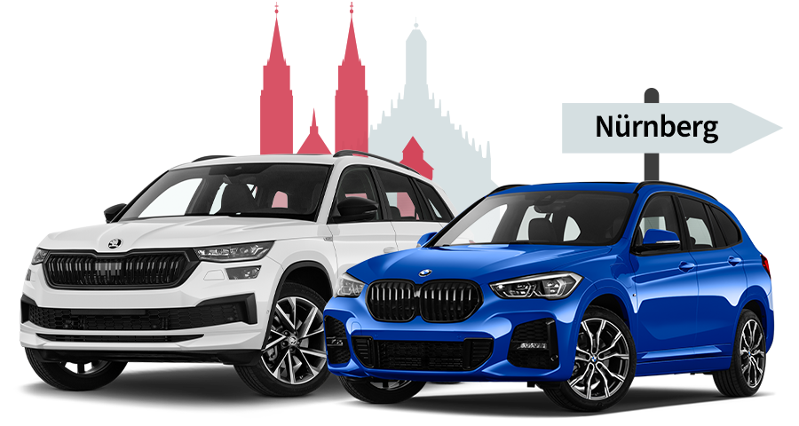 Ein Skoda und ein BMW mit einer Nürnberg Skyline Silhouette