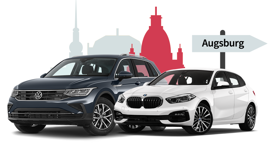 Ein VW und ein BMW mit einer Augsburg Skyline Silhouette