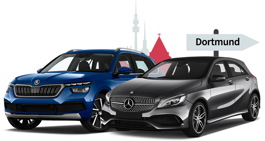 Ein Skoda und ein Mercedes mit einer Dortmund Skyline Silhouette