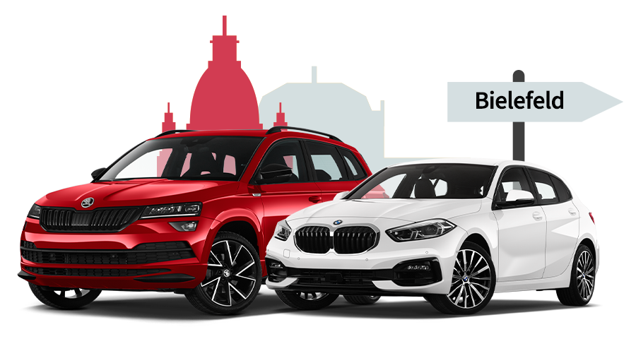 Ein Skoda und ein BMW mit einer Bielefeld Skyline Silhouette
