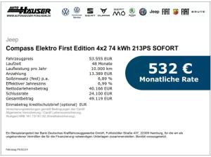 Jeep Compass Elektro First Edition 4x2 74 kWh 213PS SOFORT WÄRMEPUMPE KOMFORT PREMIUM SICHERHEIT