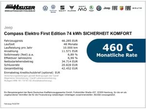 Jeep Compass Elektro First Edition 74 kWh SICHERHEIT KOMFORT WÄRMEPUMPE EL. HECKKL. HUD NAVI ACC