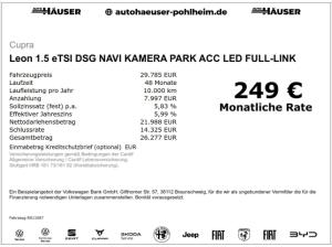 Cupra Leon 1.5 eTSI DSG NAVI KAMERA PARK ACC LED FULL-LINK SITZHZG