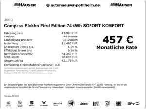 Jeep Compass Elektro First Edition 74 kWh SOFORT KOMFORT SICHERHEIT WÄRMEPUMPE EL. HECKKL. HUD NAVI ACC