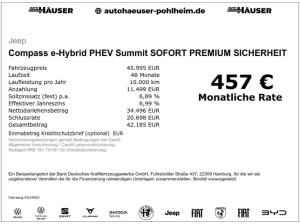 Jeep Compass e-Hybrid PHEV Summit SOFORT PREMIUM SICHERHEIT KOMFORT ALLWETTER EL. HECKKL. HUD SITZBEL.