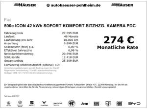 Fiat 500e ICON 42 kWh SOFORT KOMFORT SITZHZG. KAMERA PDC APPLE ANDROID