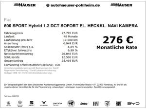 Fiat 600 SPORT Hybrid 1.2 DCT SOFORT EL. HECKKL. NAVI KAMERA ACC LED