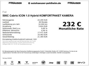 Fiat 500C Cabrio ICON 1.0 Hybrid KOMFORTPAKET KAMERA TEMPOMAT PDC SITZHZG APPLE ANDROID