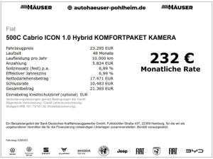 Fiat 500C Cabrio ICON 1.0 Hybrid KOMFORTPAKET KAMERA TEMPOMAT PDC SITZHZG APPLE ANDROID