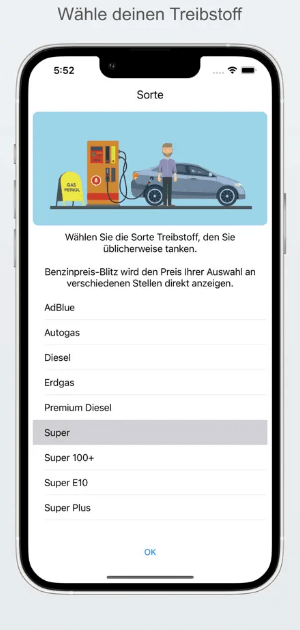benzinpreis blitz treibstoff auswaehlen